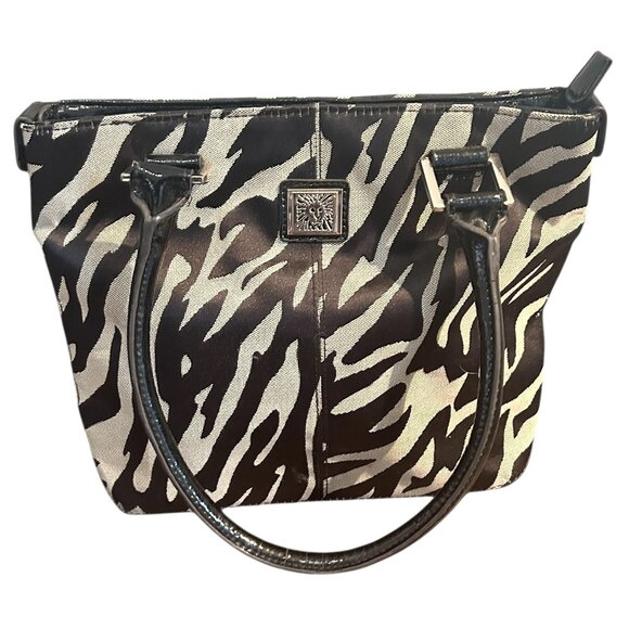 Anne Klein Cut Out Zebra Print Satchel Bag Purse Patent Black Tan Red Interior - Picture 1 of 6